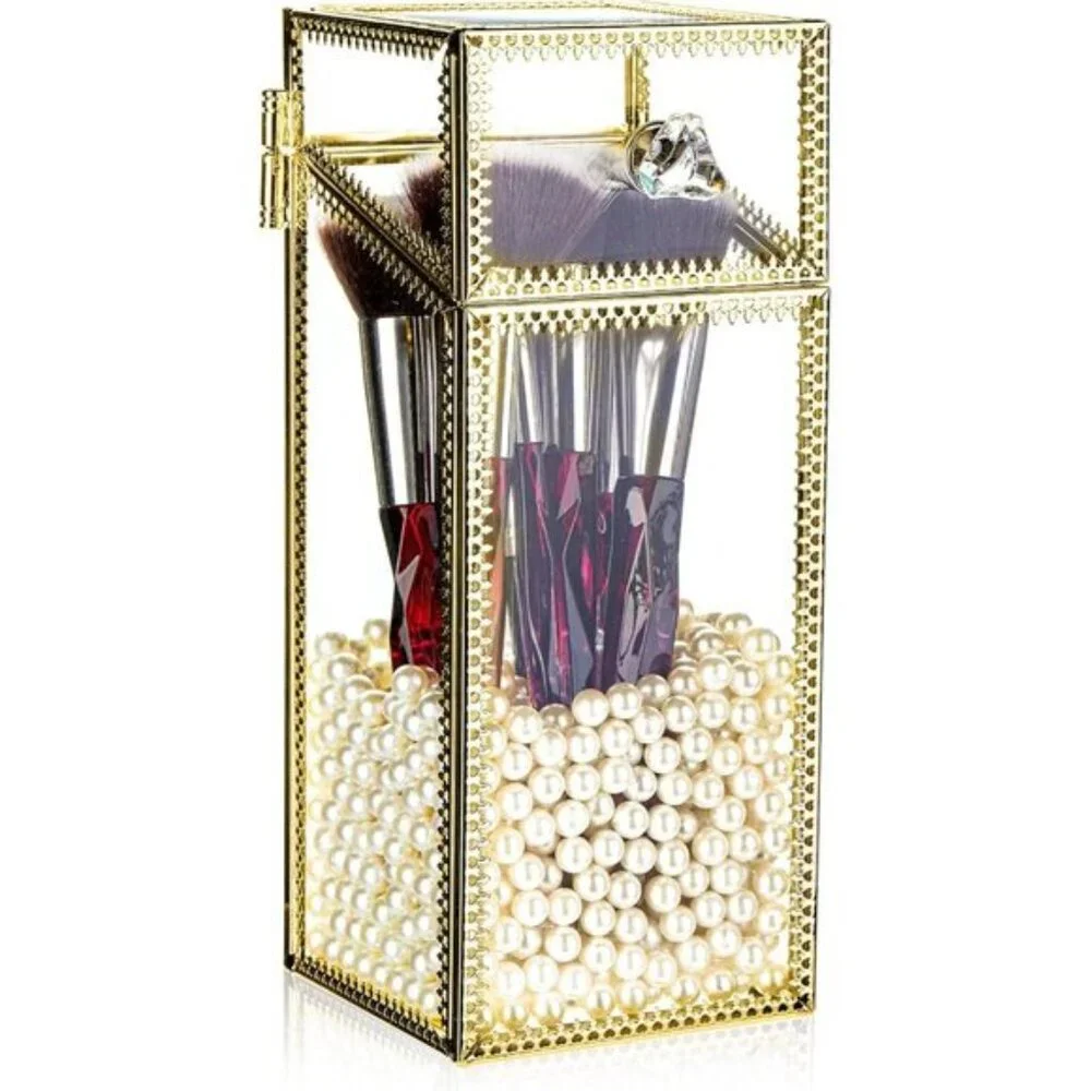 Vintage Makeup Brush Holder with Lid, Clear Glass Vanity Organizer with Pearls